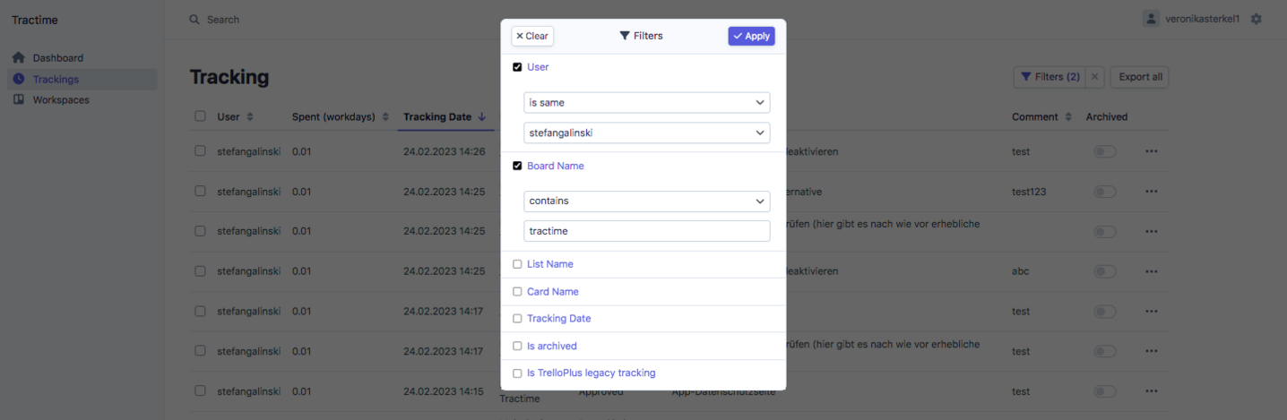 Tractime time tracking in Trello – Filters for tracking table