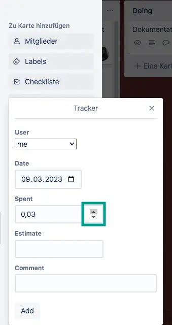 Tractime Zeiterfassung in Trello – Pfeile zum Eingeben der Arbeitszeit