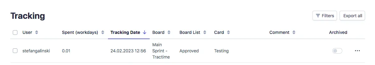 Tractime time tracking in Trello – tracking table