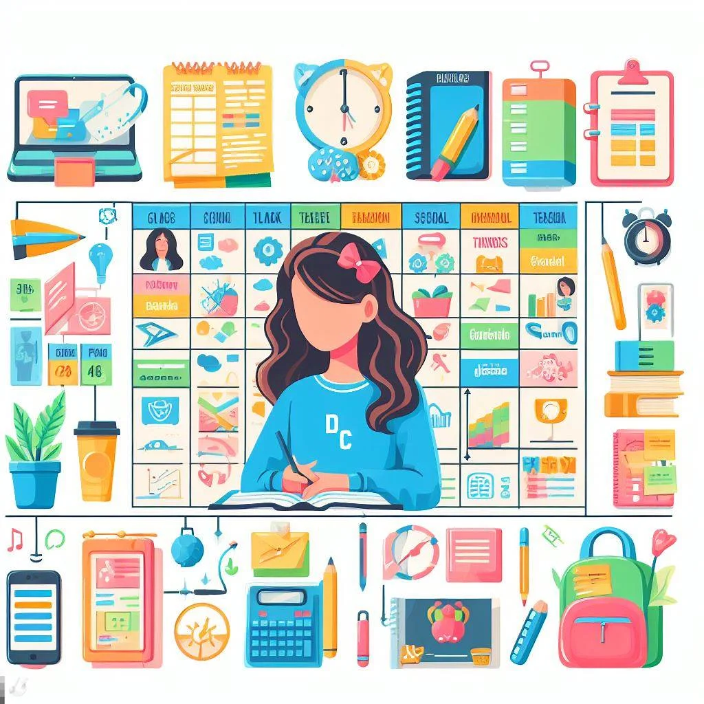 Bild: Eine Studentin lernt – um sie herum sind viele lern-bezogene Symbole 