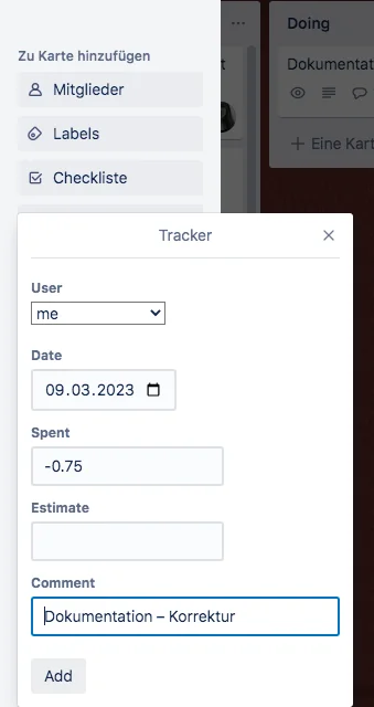Tractime time tracking in Trello – correction with minus tracking