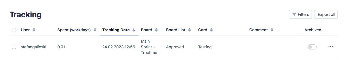 Tractime time tracking in Trello – Filters for tracking table