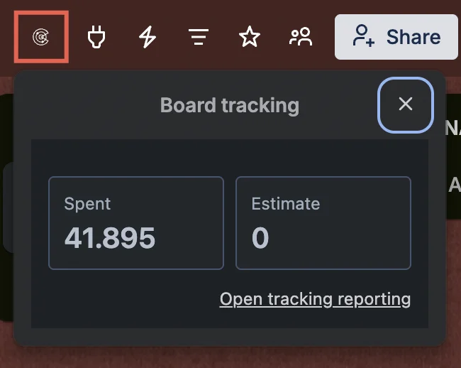 Dialog „Board tracking“ mit Ausgaben von 41.895 und einer Schätzung von 0; darunter ein Link zum Tracking-Bericht.