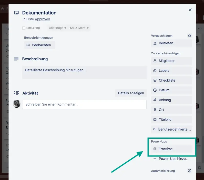 Trello Karte mit Tractime Power-Up