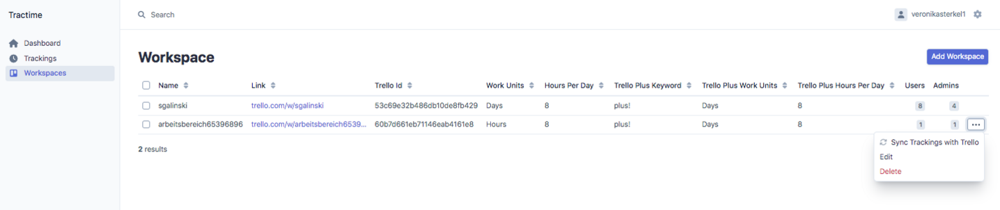 Tractime time tracking in Trello – Workspaces