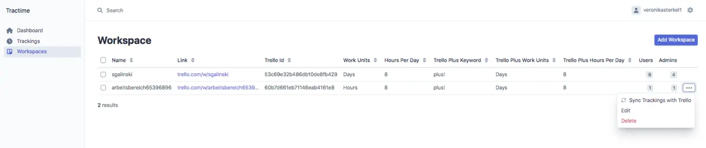 Tractime time tracking in Trello – Workspaces 