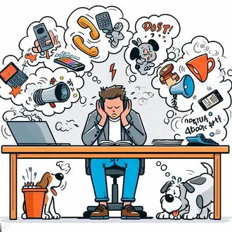 Zeitblöcke und Zeitmanagement-Techniken Bild: Mann am Arbeitstisch mit vielen Gedankenblasen um ihn herum