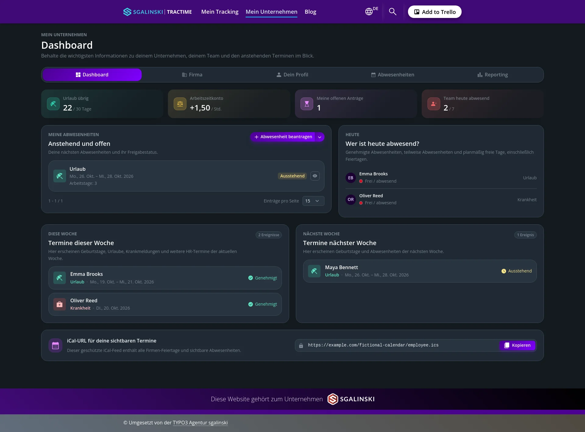 Dunkles Unternehmens-Dashboard mit Urlaubsübersicht, Abwesenheiten, Teamstatus und Terminen der aktuellen und nächsten Woche.