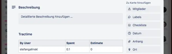 Tractime Zeiterfassung in Trello – Tracking Tabelle mit allen Trackings einer Karte