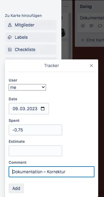 Tractime time tracking in Trello – correction with minus tracking