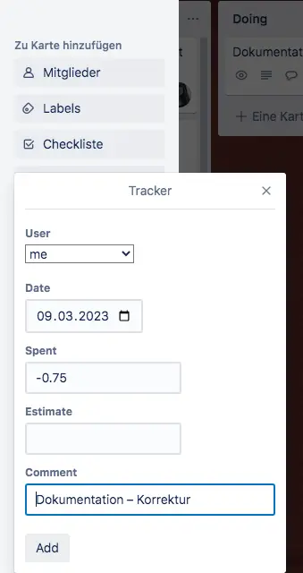 Tractime Zeiterfassung in Trello – Korrektur mit Minus-Tracking