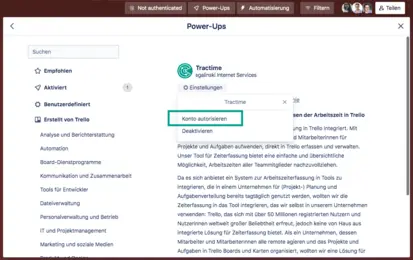 Authorize Tractime account in Trello's Power-Ups menu
