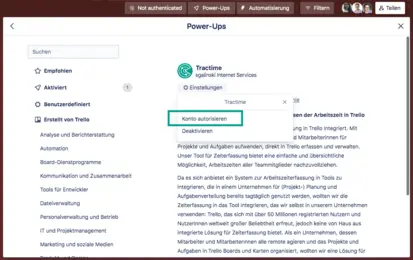 Tractime-Konto im Power-Ups Menü von Trello autorisieren