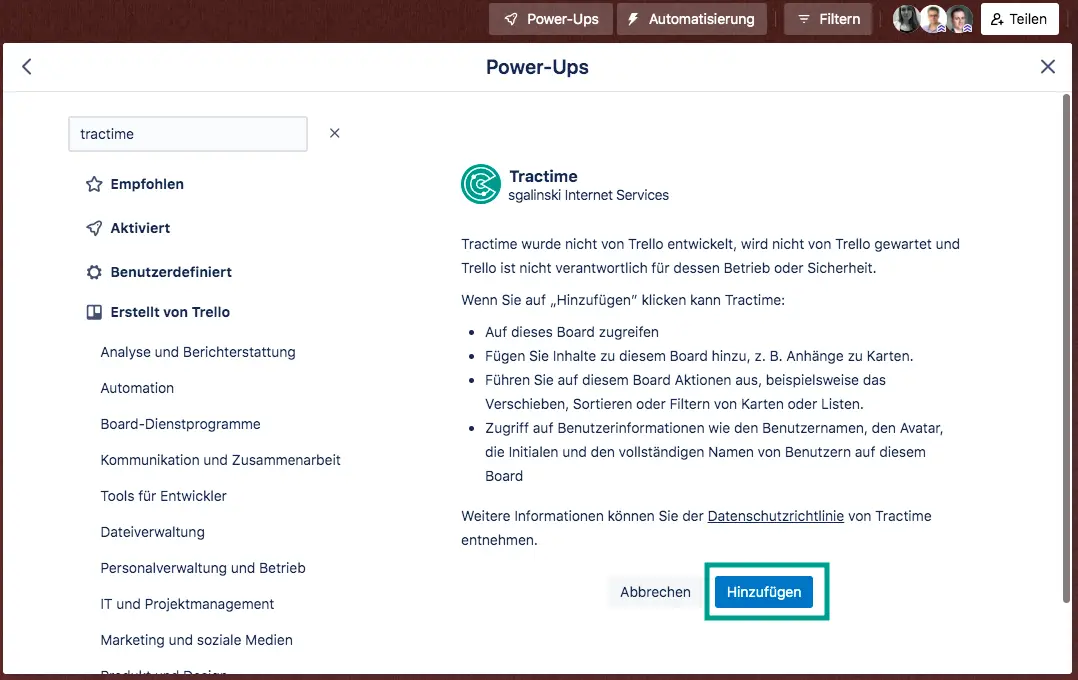 Trello Power-Up hinzufügen – Bestätigen