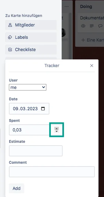 Tractime Zeiterfassung in Trello – Pfeile zum Eingeben der Arbeitszeit