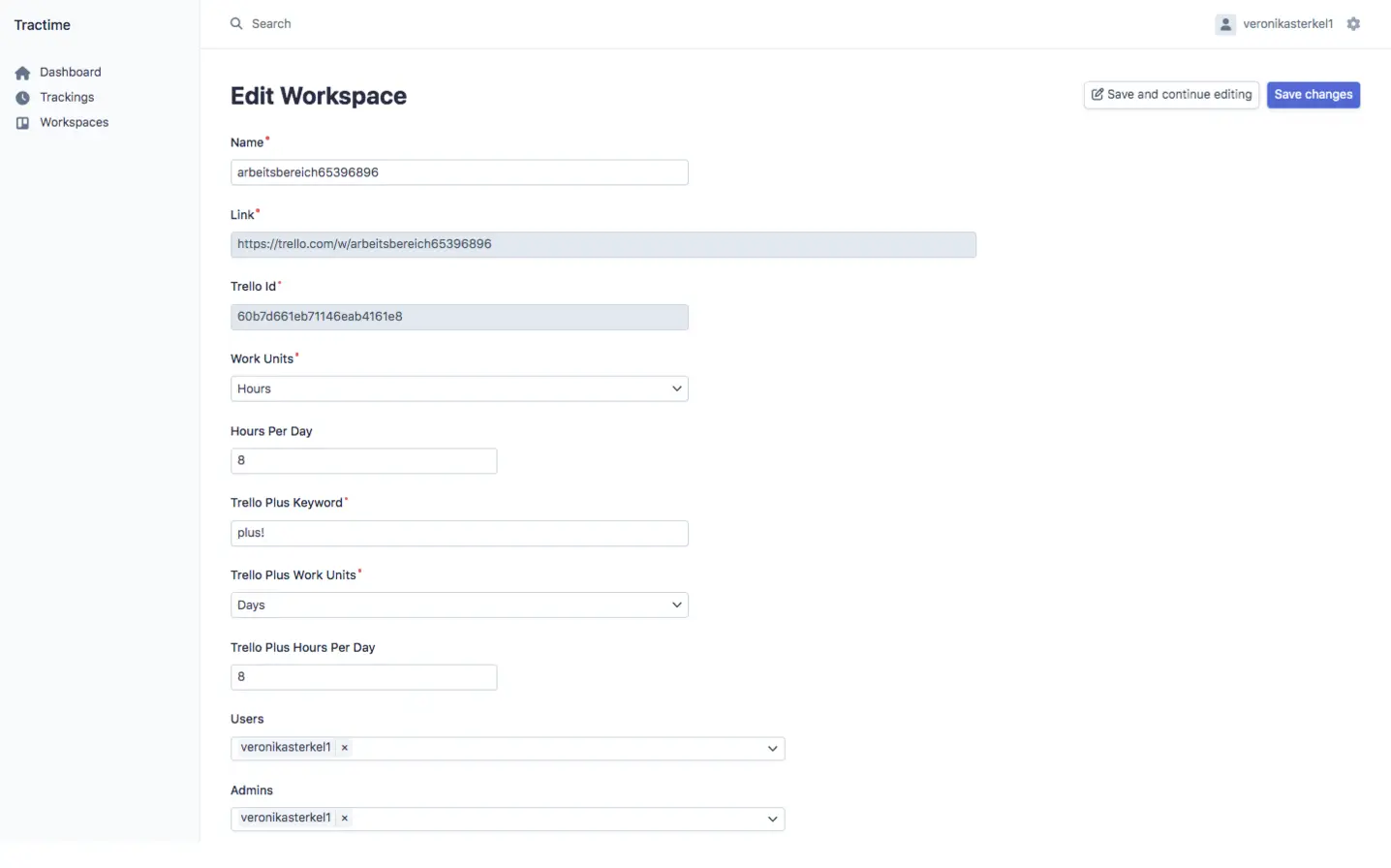 Tractime time tracking in Trello – Edit Workspace