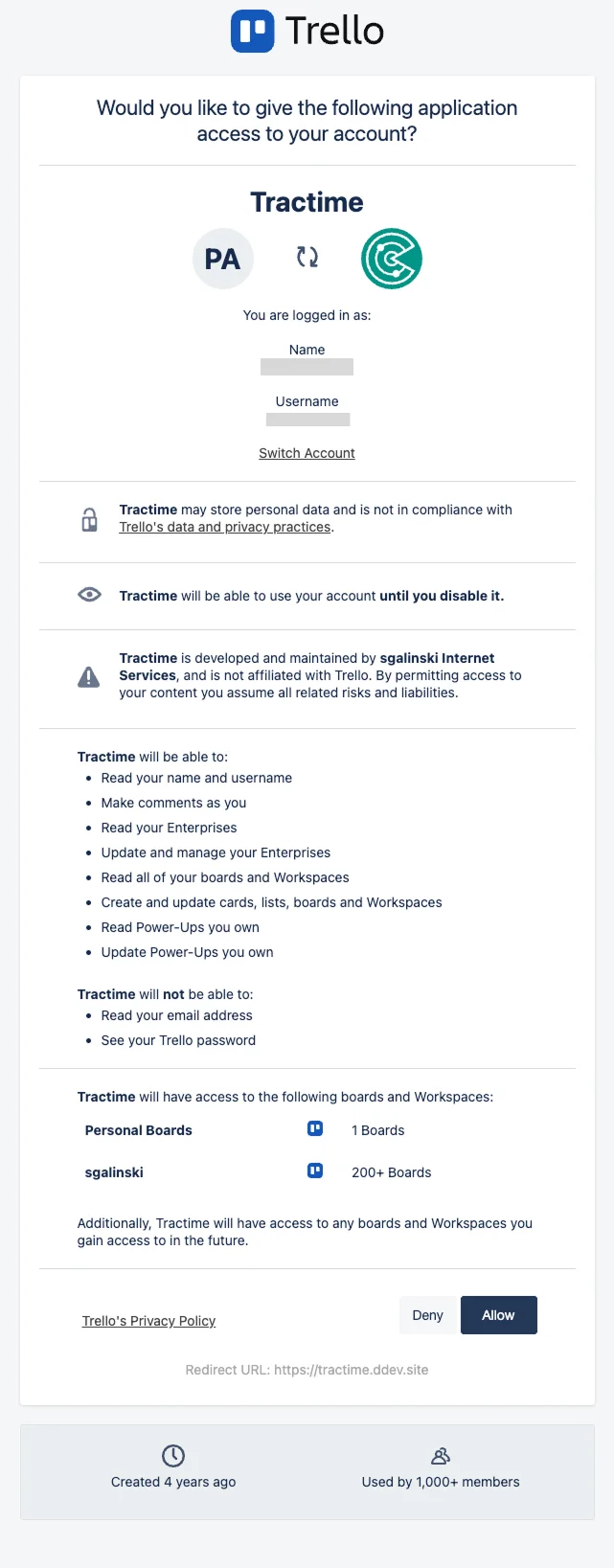 Trello fragt um Zugriff für Tractime auf Kontodaten, Boards und Workspaces; unten stehen „Ablehnen“ und „Erlauben“.