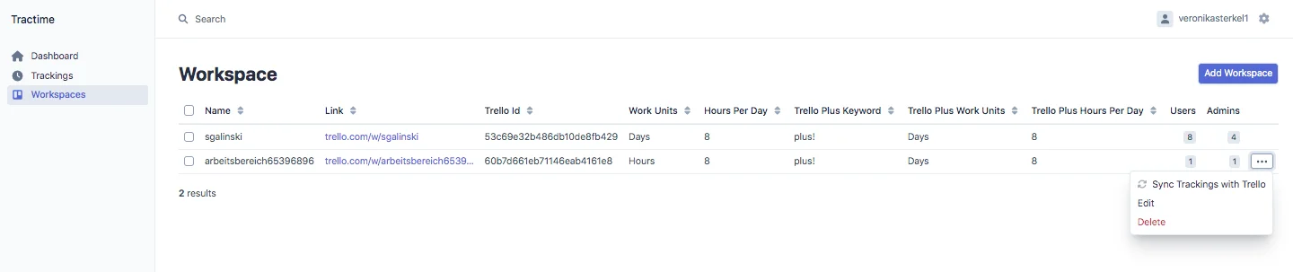Tractime Zeiterfassung in Trello – Bereich Workspaces