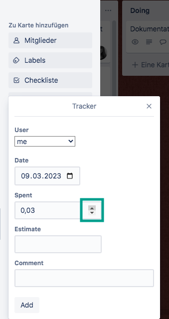 Tractime time tracking in Trello – arrows for entering working time